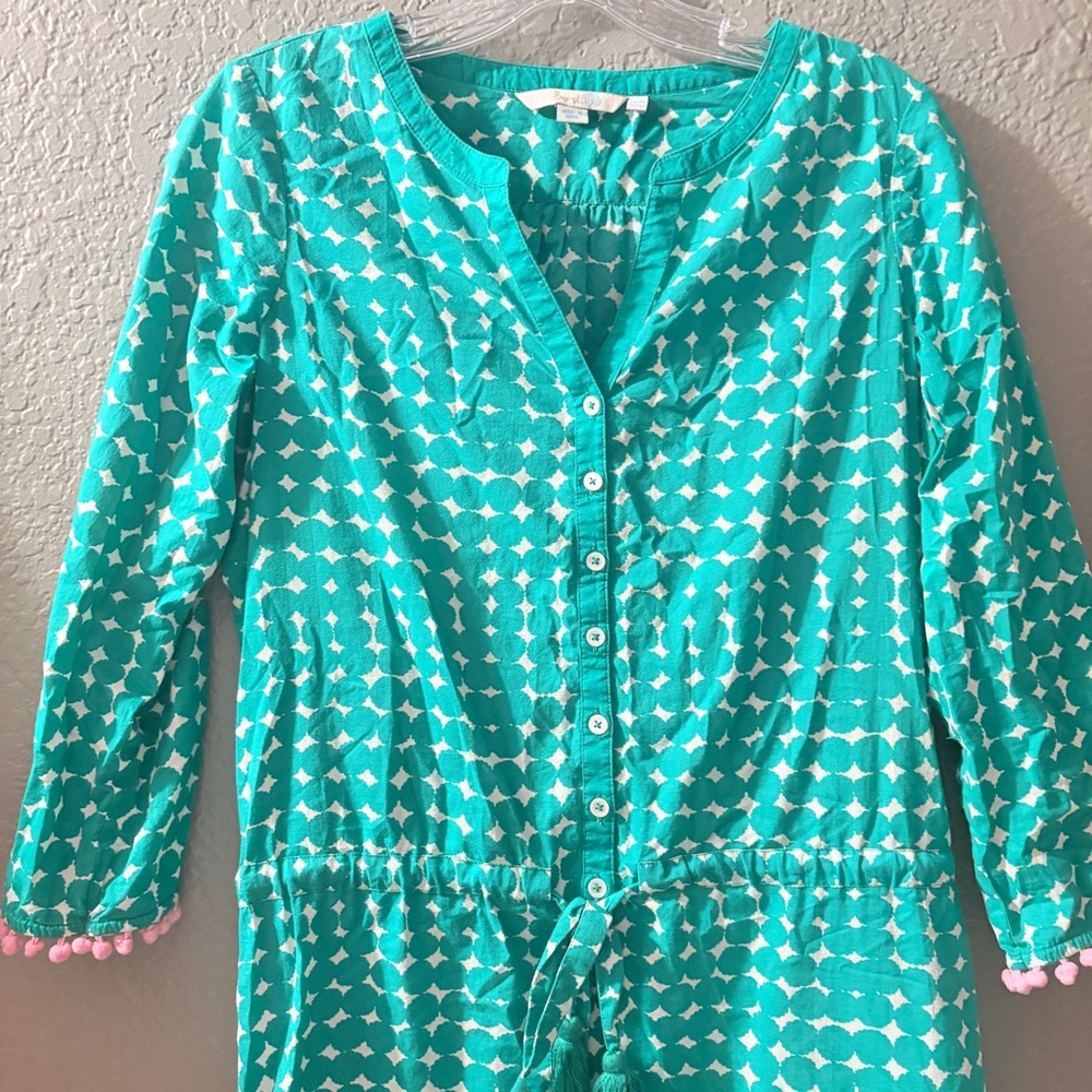 Boden Kelly Green & White Printed Tie-Waist 3/4 Sleeve Dress with Pink Pom Trim - Picture 2 of 13
